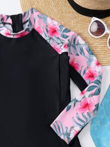 女孩印花後拉鍊連體泳衣