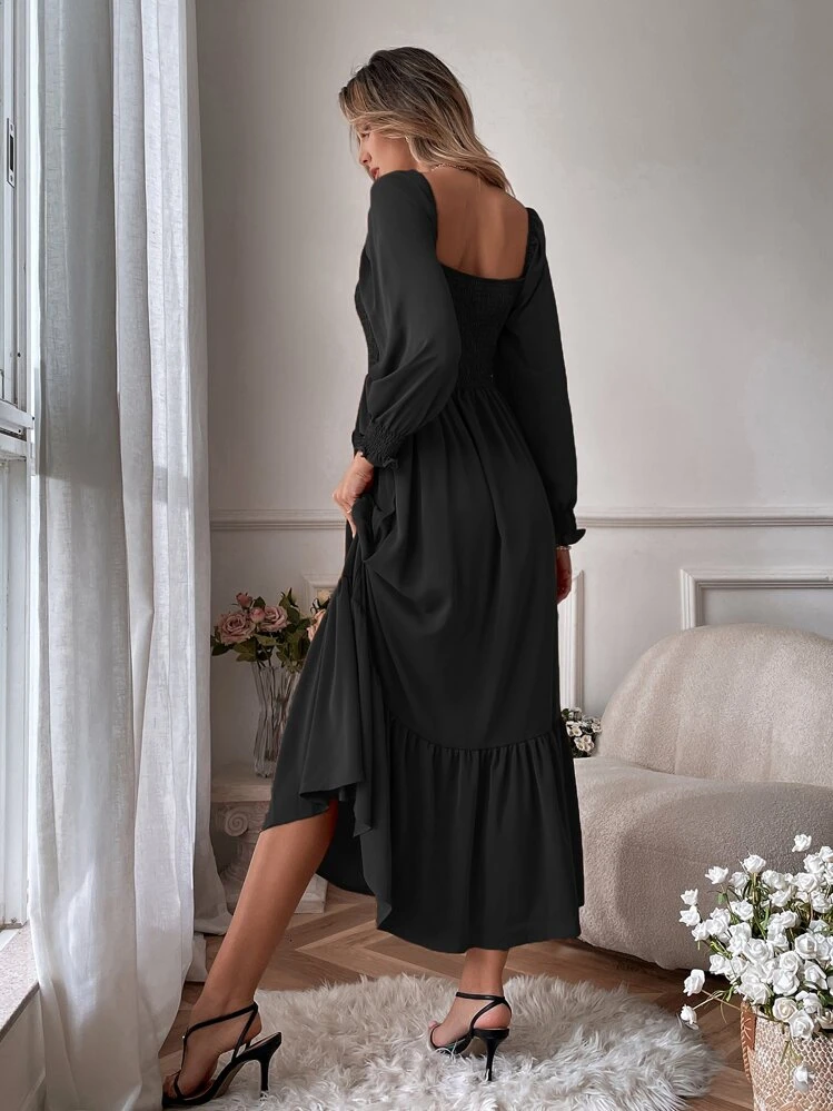 SHEIN ChicEase Square Neck Shirred Ruffle Hem Dress Maxi Women Outfit Fall  Cloth For Women | SHEIN USA