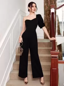 SHEIN Unity 單肩泡泡袖素色連身褲 - 黑色 - 查看 1