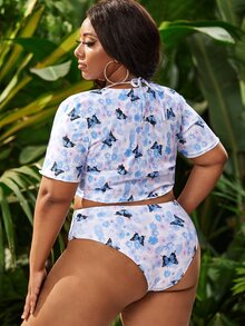 3packs Plus Size Butterfly Print Triangle Bikini & Kimono Summer Beach - Multicolor - View 2
