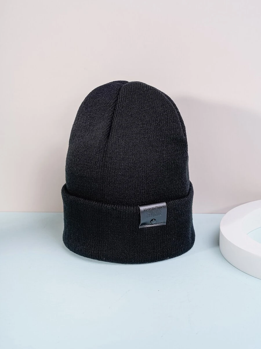 Gorro tejido de invierno para mujer, 1 pieza, con etiqueta de moda, adecuado para uso diario y calidez - Negro - Ver 1