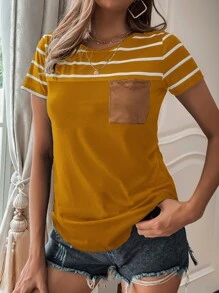 SHEIN LUNE Camiseta de rayas con bolsillo delantero - Mostaza Amarilla - Ver 1