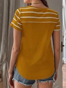 SHEIN LUNE Camiseta de rayas con bolsillo delantero - Mostaza Amarilla - Ver 2