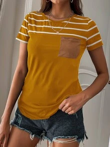SHEIN LUNE Camiseta de rayas con bolsillo delantero - Mostaza Amarilla - Ver 3