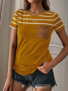 SHEIN LUNE Camiseta de rayas con bolsillo delantero - Mostaza Amarilla - Ver 5