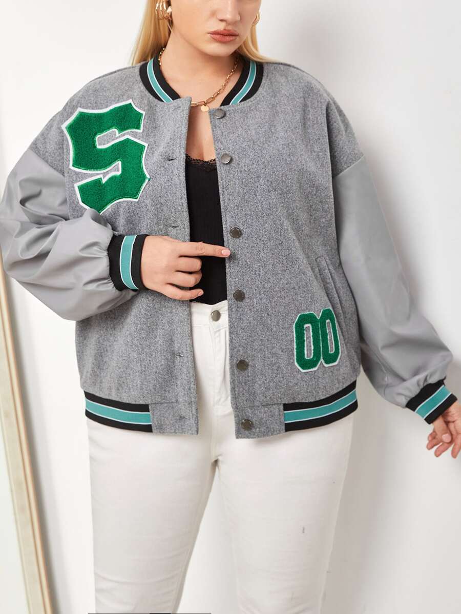 SHEIN EZwear 大碼條紋和字母圖案前排扣學院風夾克 - 灰色 - 查看 1