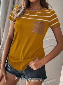 SHEIN LUNE Camiseta de rayas con bolsillo delantero - Mostaza Amarilla - Ver 6