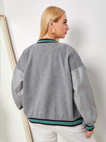 SHEIN EZwear 大碼條紋和字母圖案前排扣學院風夾克 - 灰色 - 查看 2