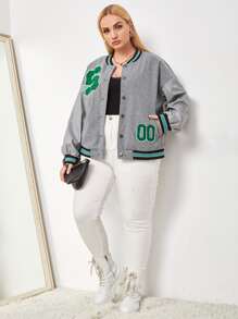 SHEIN EZwear 大碼條紋和字母圖案前排扣學院風夾克 - 灰色 - 查看 3