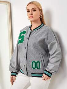 SHEIN EZwear 大碼條紋和字母圖案前排扣學院風夾克 - 灰色 - 查看 4
