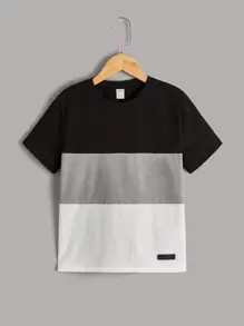 SHEIN Cậu bé Tween Khối màu Vá lại Ngắn tay Áo thun Với Vai Chi tiết Đối với Giải trí Mặc In Mùa hè - Nhiều màu - Xem 1