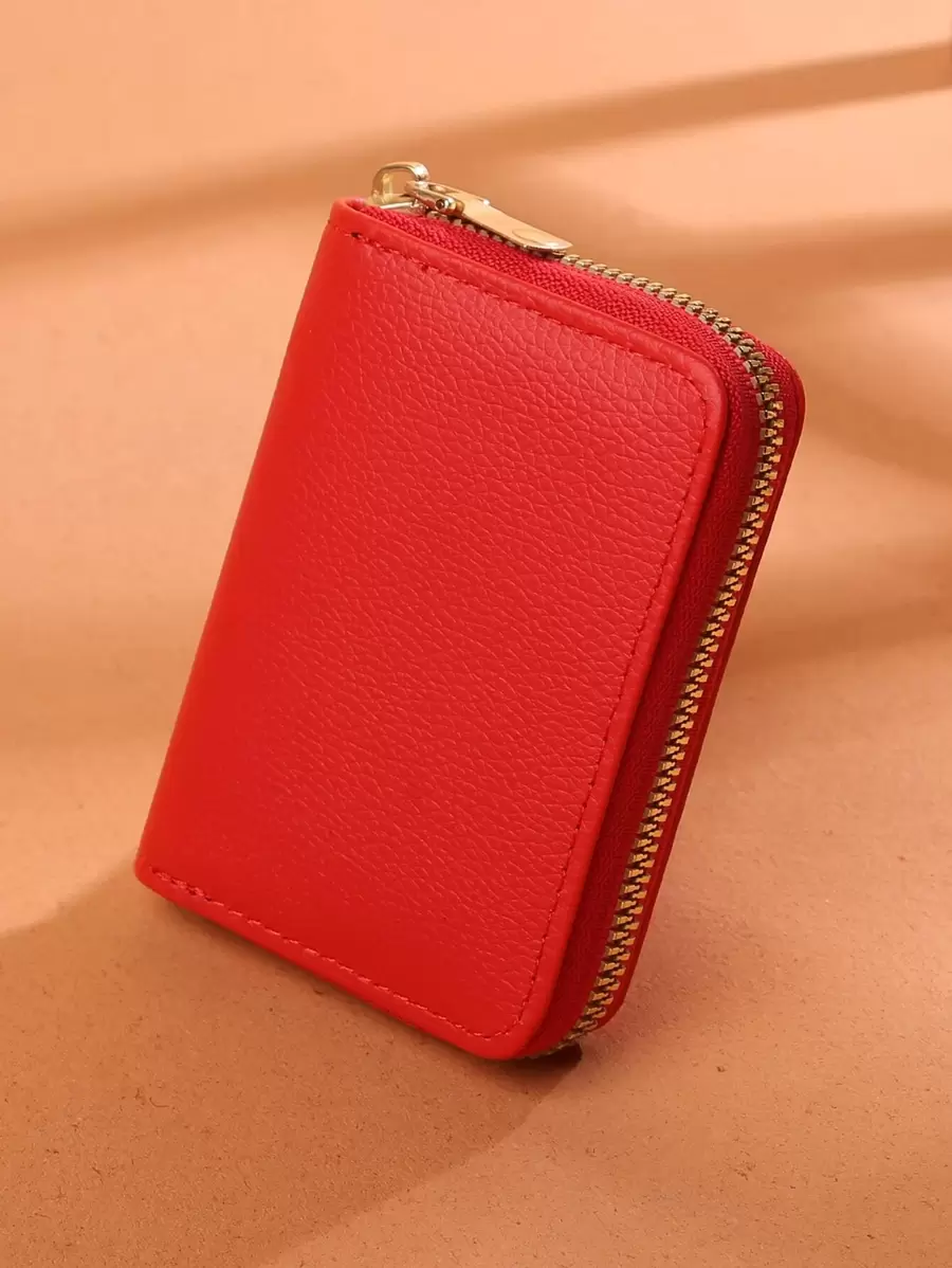 Textured Zip Around Lightweight Portable Card ID Card White-Collar Workers For Female For Holiday For Anniversary For Birthday Gift Accessories Gift Card Holder Wallet Business Card Holder Credit Card Holder Women For Women Wallet Mini Wallet Purse Wallet Card Wallet - Red - View 1