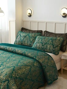 Metallic Graphic Bedspread Set - Dark Green - View 1