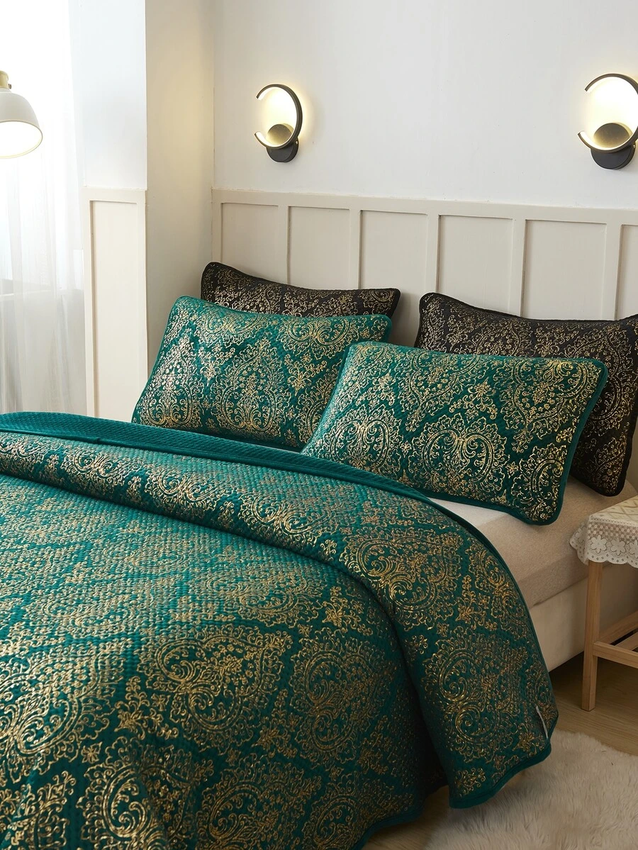 Metallic Graphic Bedspread Set - Dark Green - View 1