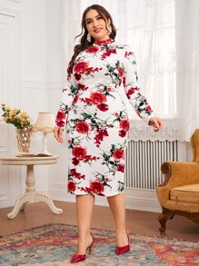 Modelyn Plus Floral Print Mock Neck Bodycon Dress - Multicolor - View 3