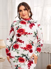 Modelyn Plus Floral Print Mock Neck Bodycon Dress - Multicolor - View 5