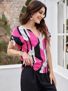 SHEIN Clasi Notch Neck Dolman Sleeve Top - Multicolor - View 4