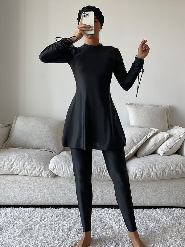 SHEIN Swim Mulvari 3 pièces Maillot de bain burkini à couverture intégrale unicolore à cordon