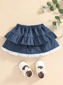 嬰兒網眼刺繡邊多層下擺牛仔半身裙 - 藏蓝色 - 查看 1