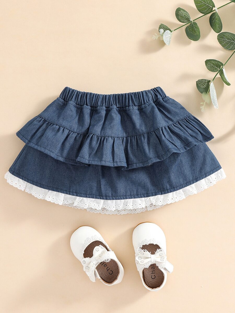 嬰兒網眼刺繡邊多層下擺牛仔半身裙 - 藏蓝色 - 查看 1