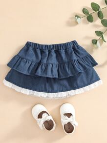 嬰兒網眼刺繡邊多層下擺牛仔半身裙 - 藏蓝色 - 查看 2