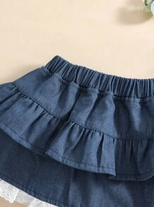 嬰兒網眼刺繡邊多層下擺牛仔半身裙 - 藏蓝色 - 查看 4