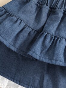 嬰兒網眼刺繡邊多層下擺牛仔半身裙 - 藏蓝色 - 查看 5