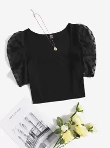 SHEIN MOD Chiffon Puff Sleeve Solid Crop Top - Black - View 1