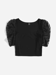 SHEIN MOD Chiffon Puff Sleeve Solid Crop Top - Black - View 3