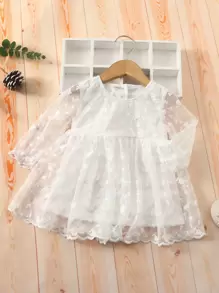 Baby Flounce Sleeve Floral Embroidered Mesh Dress - White - View 1
