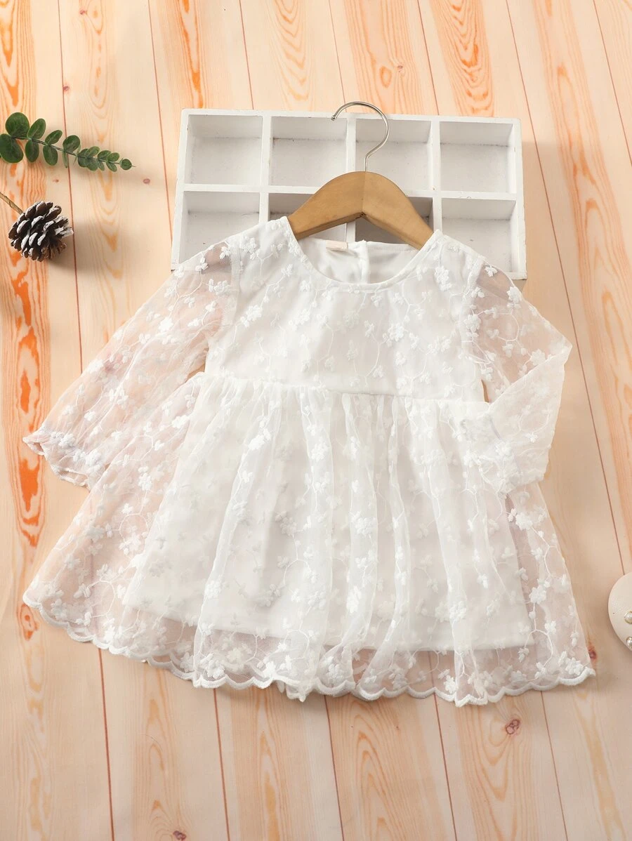 Baby Flounce Sleeve Floral Embroidered Mesh Dress - White - View 1