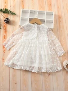 Baby Flounce Sleeve Floral Embroidered Mesh Dress - White - View 2