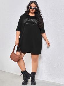 SHEIN Unity Plus Letter Graphic Drop Shoulder Tee - Black - View 3