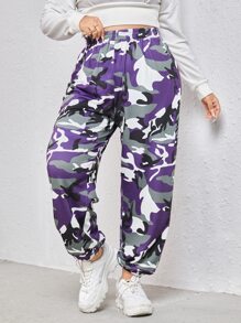 Flirla Plus Elastic Waist Camo Print Joggers - Multicolor - View 1