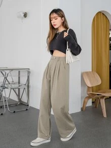 DAZY Solid High Waist Wide Leg Suit Trousers - Khaki - View 2