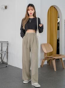 DAZY Solid High Waist Wide Leg Suit Trousers - Khaki - View 3