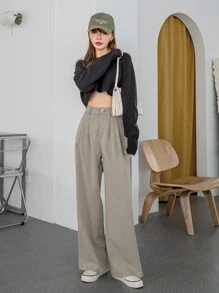 DAZY Solid High Waist Wide Leg Suit Trousers - Khaki - View 4