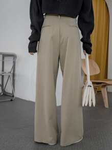 DAZY Solid High Waist Wide Leg Suit Trousers - Khaki - View 5