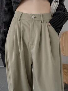 DAZY Solid High Waist Wide Leg Suit Trousers - Khaki - View 6