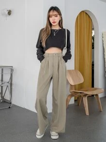 DAZY Solid High Waist Wide Leg Suit Trousers - Khaki - View 7