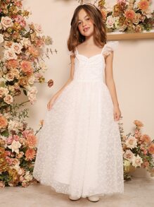 SHEIN Girls 1pc Ditsy Floral Embroidered Mesh Ruched Bust Dress - White - View 3