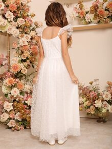 SHEIN Girls 1pc Ditsy Floral Embroidered Mesh Ruched Bust Dress - White - View 2