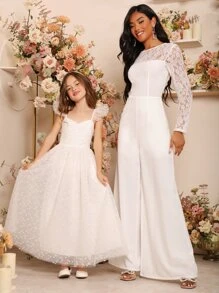 SHEIN Girls 1pc Ditsy Floral Embroidered Mesh Ruched Bust Dress - White - View 4