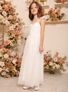 SHEIN Girls 1pc Ditsy Floral Embroidered Mesh Ruched Bust Dress - White - View 5