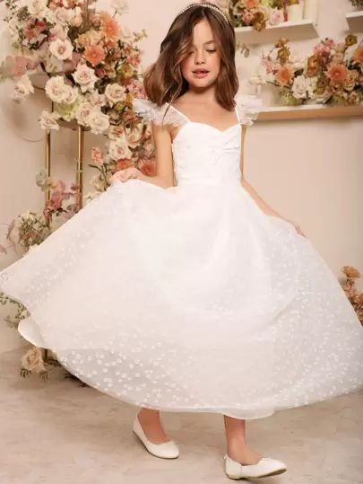 SHEIN Niñas 1 pieza Vestido floral con bordado de malla pecho con fruncido