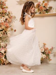 SHEIN Girls 1pc Ditsy Floral Embroidered Mesh Ruched Bust Dress - White - View 6