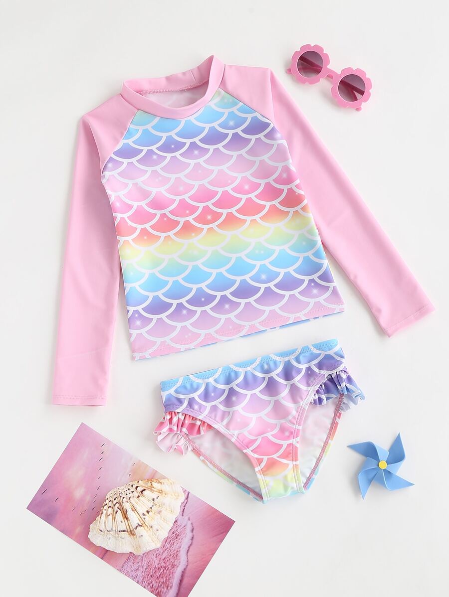 SHEIN Young Girl 2pcs Vacation Fish Scale Print Long Sleeve Summer Set - Multicolor - View 1