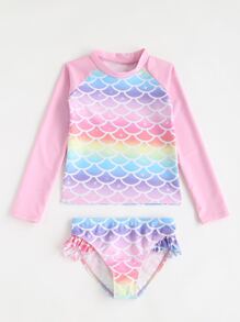 SHEIN Young Girl 2pcs Vacation Fish Scale Print Long Sleeve Summer Set - Multicolor - View 4