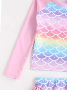 SHEIN Young Girl 2pcs Vacation Fish Scale Print Long Sleeve Summer Set - Multicolor - View 5