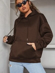 SHEIN Unity 標語圖案落肩袖連帽衫 - 巧克力棕 - 查看 6